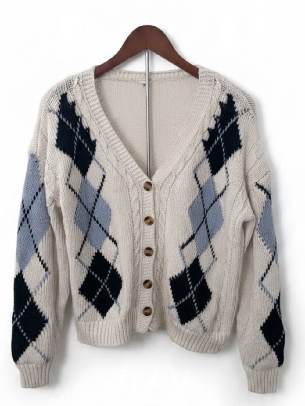 Argyle Cable Knit Cardigan M Cream Navy Preppy Grandpa Sweater Tortoise Buttons